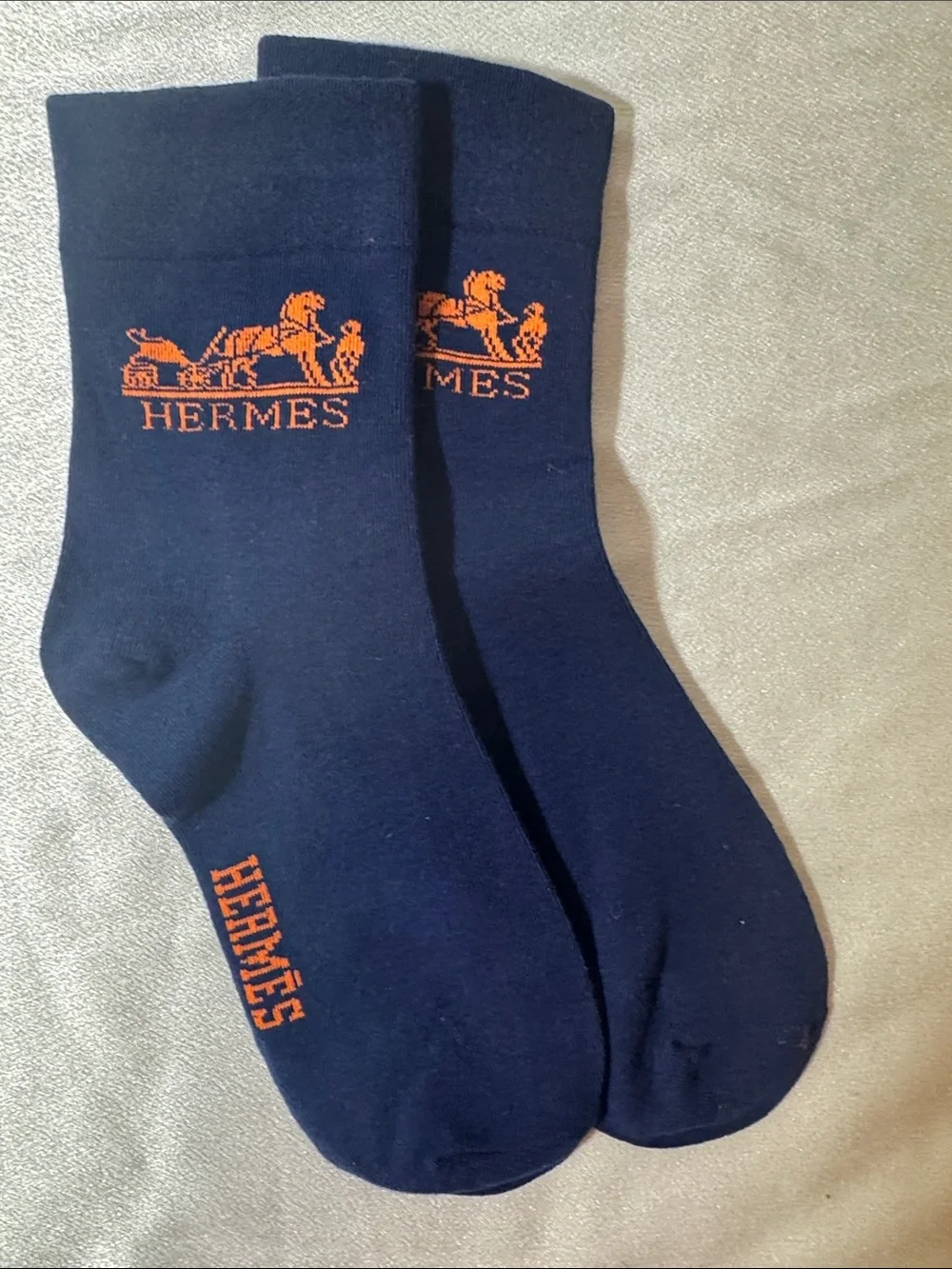 New! Hermes Navy Crew Socks with Orange Logo